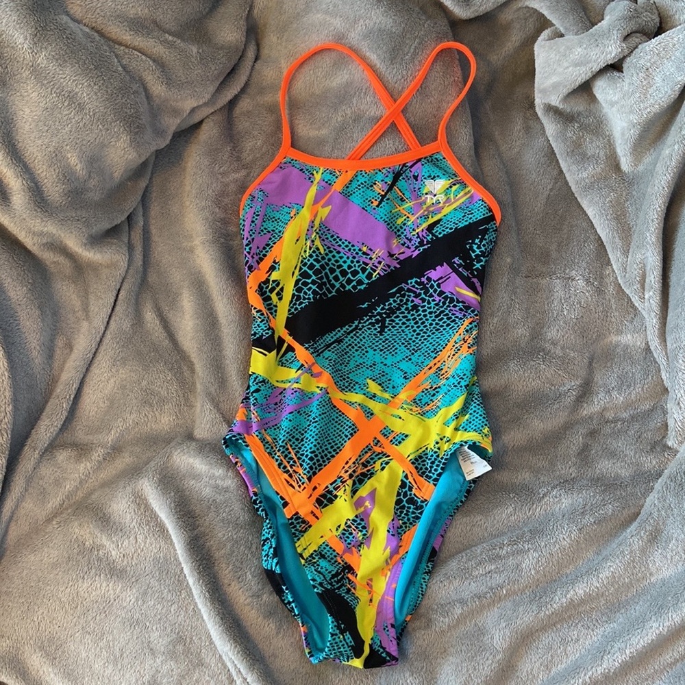 USED TYR practice suit size 26 multi colored with blue inside and orange straps